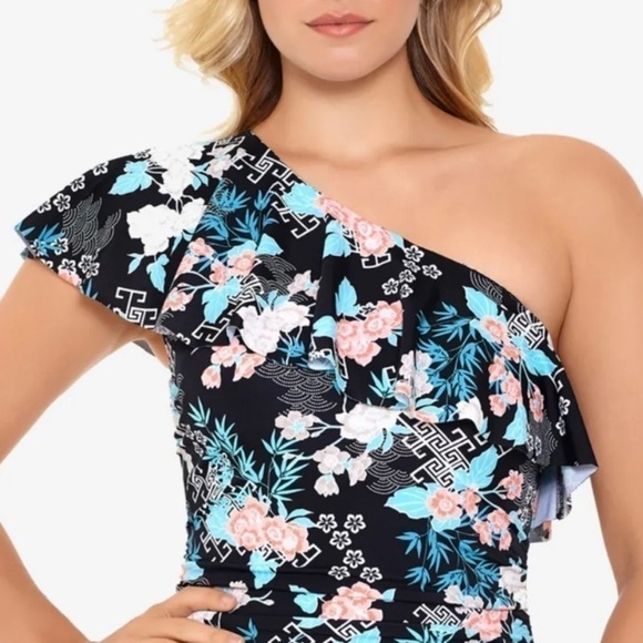 SWIM SOLUTIONS Women's Black Ruffled One Shoulder One Piece Swimsuit - Picture 3 of 7